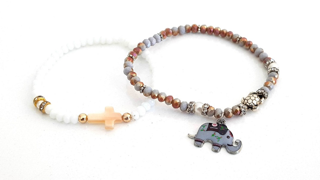 Beaded Bracelet Set Elephant λευκό γκρι μπεζ Beaded Bracelet Set Elephant λευκό γκρι μπεζ