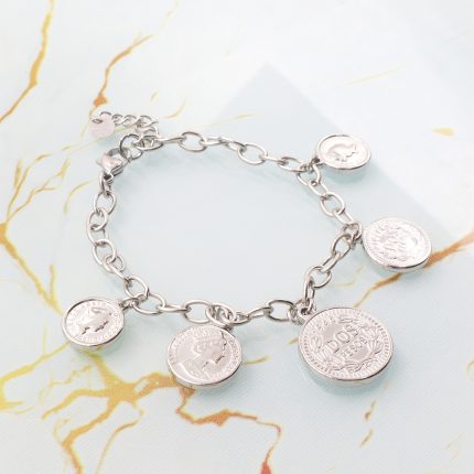 Ατσάλινο βραχιόλι με βραχιόλι και νομίσματα, ασημί