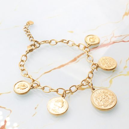 Ατσάλινο βραχιόλι με βραχιόλι και νομίσματα, χρυσό.