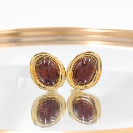 Ατσάλινα σκουλαρίκια με κούμπωμα κλιπ και οβάλ καφέ πέτρα