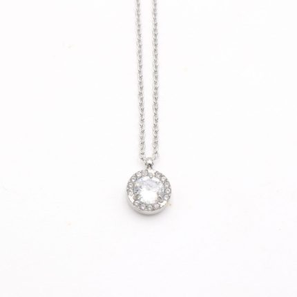 Κοντό ατσάλινο κολιέ με στρογγυλό κρύσταλλο ασημί