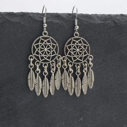 Κρεμαστά boho σκουλαρίκια με ονειροπαγίδα και φτερά