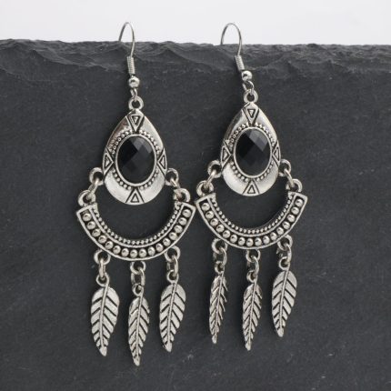 Boho σκουλαρίκια Luna με μαύρη πέτρα