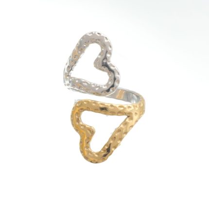Ατσάλινο δαχτυλίδι με καρδιές χρυσό και ασημί